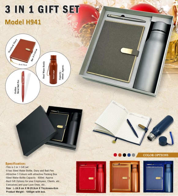 3 in 1 gift set model h941 notebook diary, water bottle and metal ball pen